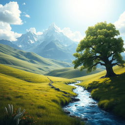 A beautifully detailed artistic fantasy landscape with rolling green hills under a bright, clear blue sky