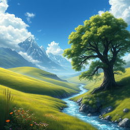 A beautifully detailed artistic fantasy landscape with rolling green hills under a bright, clear blue sky