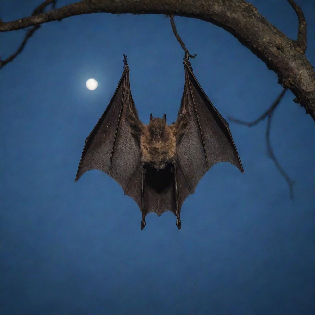 A supremely cool bat, wings spread wide, hanging upside down from a tree branch, with a moonlit sky background casting an eerie glow.