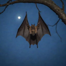 A supremely cool bat, wings spread wide, hanging upside down from a tree branch, with a moonlit sky background casting an eerie glow.