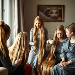 A mother resembling Princess Rapunzel with very long, silky golden hair, cascading down, not tied