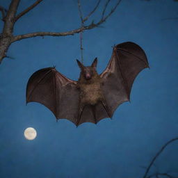 A supremely cool bat, wings spread wide, hanging upside down from a tree branch, with a moonlit sky background casting an eerie glow.