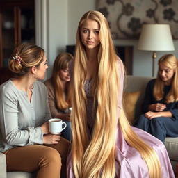 A mother resembling Princess Rapunzel with very long, silky golden hair, cascading down, not tied