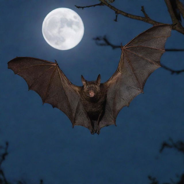 A supremely cool bat, wings spread wide, hanging upside down from a tree branch, with a moonlit sky background casting an eerie glow.