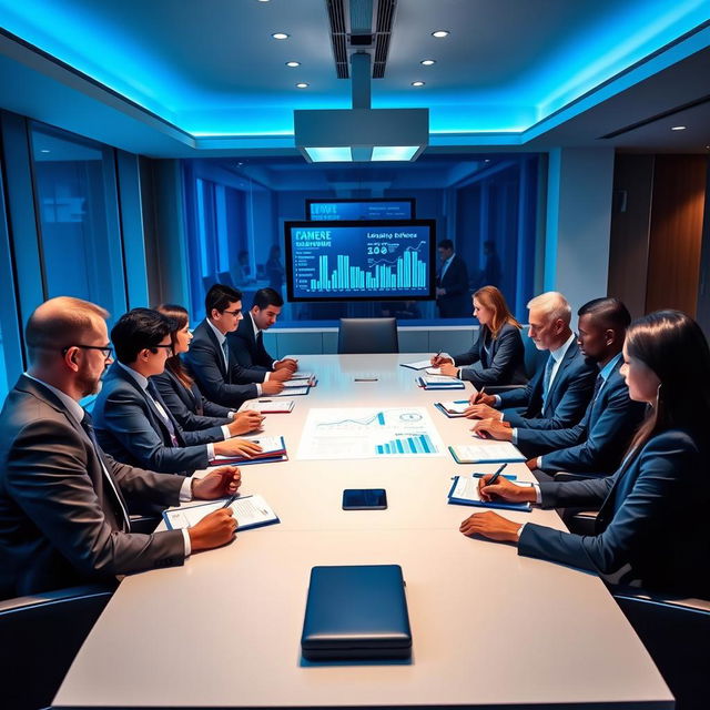 A professional and formal legal business meeting taking place in a corporate setting