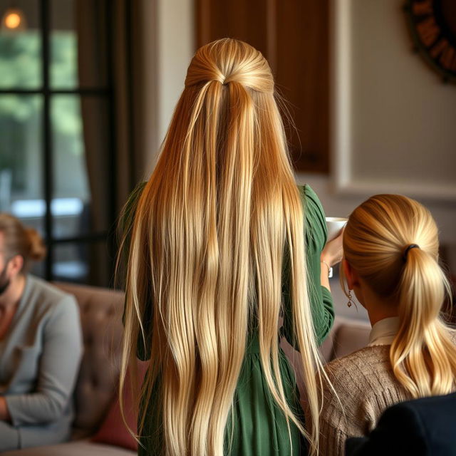 A mother resembling Princess Rapunzel with extremely long, smooth, and silky golden hair, flowing freely and down her back