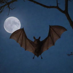 A supremely cool bat, wings spread wide, hanging upside down from a tree branch, with a moonlit sky background casting an eerie glow.