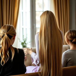 A mother resembling Princess Rapunzel with extremely long, smooth, and silky golden hair, flowing freely and down her back