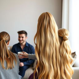 A mother resembling Princess Rapunzel with extremely long, smooth, and silky golden hair, flowing freely and down her back