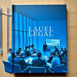 A captivating book cover depicting a professional legal business meeting in a corporate setting with a blue theme