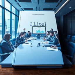 A captivating book cover depicting a professional legal business meeting in a corporate setting with a blue theme