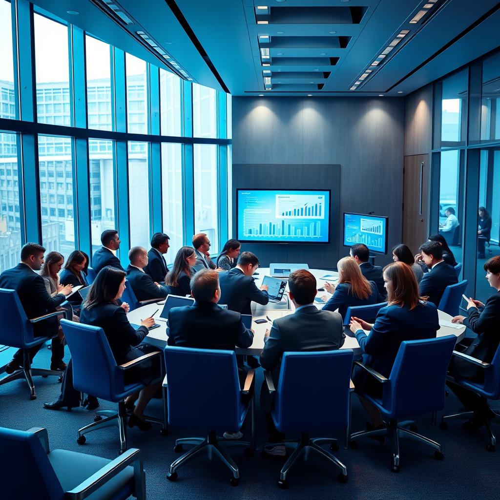 A captivating book cover depicting a professional legal business meeting in a corporate setting with a blue theme