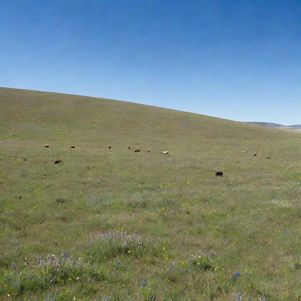 A vast and vibrant grassland under a clear blue sky, speckled with wildflowers and dotted with grazing livestock.