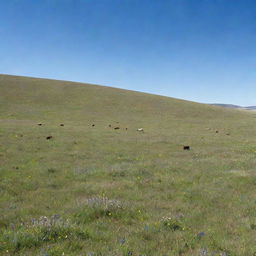 A vast and vibrant grassland under a clear blue sky, speckled with wildflowers and dotted with grazing livestock.