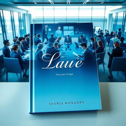 A captivating book cover depicting a professional legal business meeting in a corporate setting with a blue theme