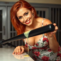 A close-up of a sexy redhead bending over a counter, wearing a floral sundress that accentuates her cleavage