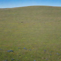 A vast and vibrant grassland under a clear blue sky, speckled with wildflowers and dotted with grazing livestock.