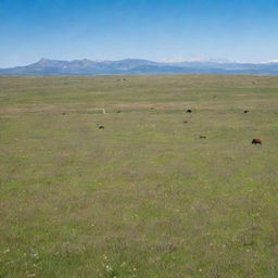 A vast and vibrant grassland under a clear blue sky, speckled with wildflowers and dotted with grazing livestock.