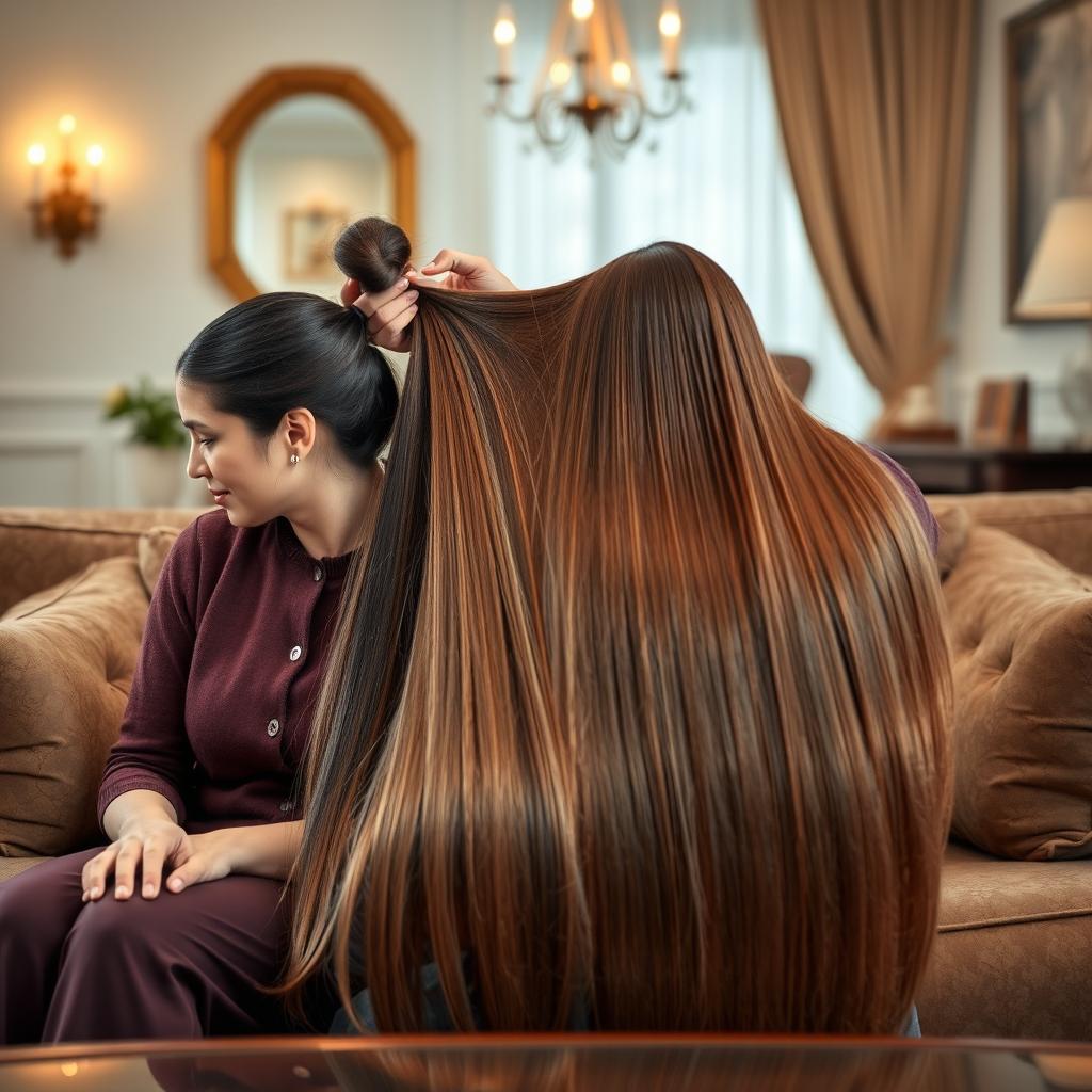 A mother with tied hair and another woman with very long, straight, and silky hair sitting on a couch