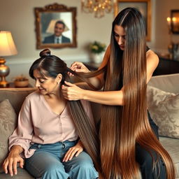 A mother with tied hair and another woman with very long, straight, and silky hair sitting on a couch