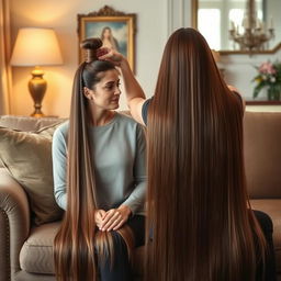 A mother with tied hair and another woman with very long, straight, and silky hair sitting on a couch