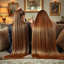 A mother with tied hair and another woman with very long, straight, and silky hair sitting on a couch