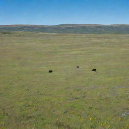 A vast and vibrant grassland under a clear blue sky, speckled with wildflowers and dotted with grazing livestock.