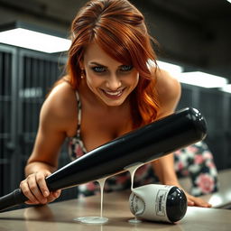 A close-up of a sexy redhead bending over a counter, wearing a floral sundress that highlights her cleavage