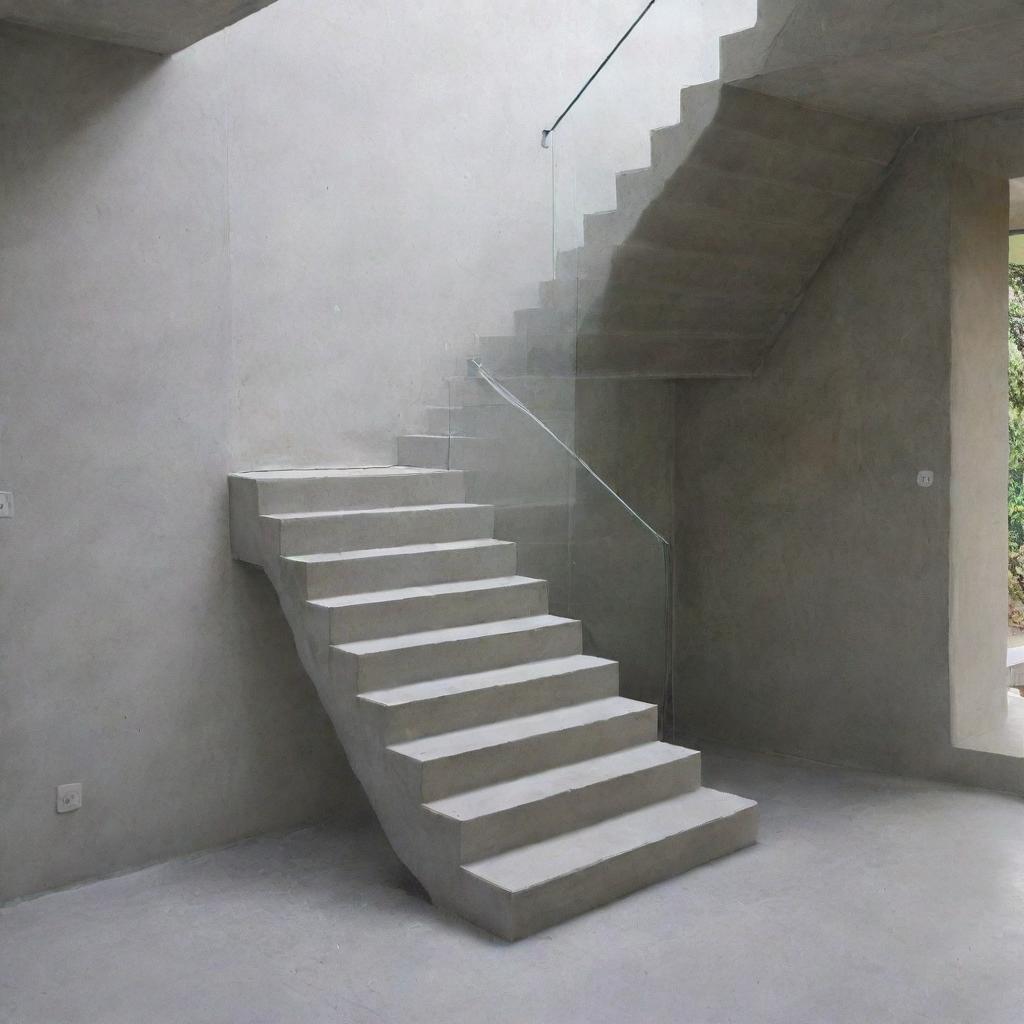 An L-shaped staircase with 14 steps, each 0.30 cm high, and 16 risers, each 0.17 cm high. Between the 7th and 8th steps, there's a landing measuring 1.24 meters by 1.24 meters. The finish of the staircase is smooth concrete.