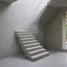 An L-shaped staircase with 14 steps, each 0.30 cm high, and 16 risers, each 0.17 cm high. Between the 7th and 8th steps, there's a landing measuring 1.24 meters by 1.24 meters. The finish of the staircase is smooth concrete.