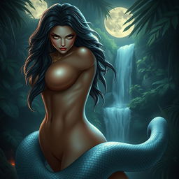 A sexy snake woman with enchanting features, a slithering serpentine body, and glossy scales that shimmer under soft moonlight