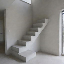 An L-shaped staircase with 14 steps, each 0.30 cm high, and 16 risers, each 0.17 cm high. Between the 7th and 8th steps, there's a landing measuring 1.24 meters by 1.24 meters. The finish of the staircase is smooth concrete.