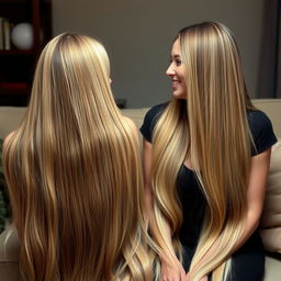 Two women with extremely long and silky hair cascading down, sitting together on a couch