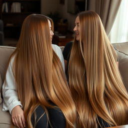 Two women with extremely long and silky hair cascading down, sitting together on a couch