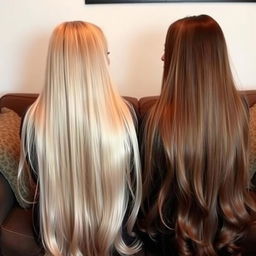 Two women with extremely long and silky hair cascading down, sitting together on a couch