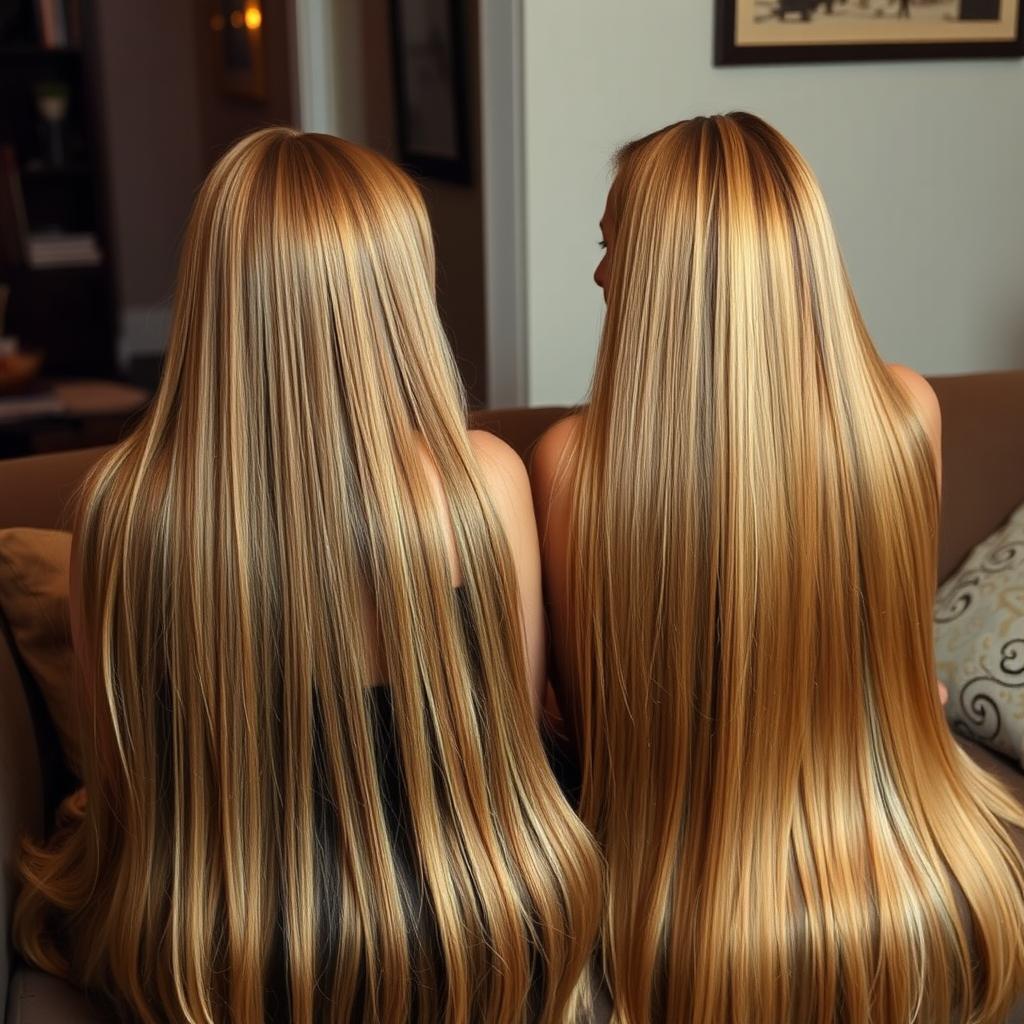 Two women with extremely long and silky hair cascading down, sitting together on a couch