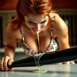 A close-up of a sexy redhead bending over a counter, wearing a floral sundress that emphasizes her cleavage