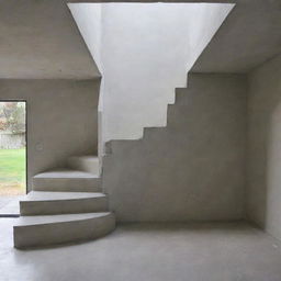 An L-shaped staircase with 14 steps, each 0.30 cm high, and 16 risers, each 0.17 cm high. Between the 7th and 8th steps, there's a landing measuring 1.24 meters by 1.24 meters. The finish of the staircase is smooth concrete.