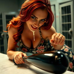 A close-up of a sexy redhead bending over a counter, wearing a floral sundress that emphasizes her cleavage