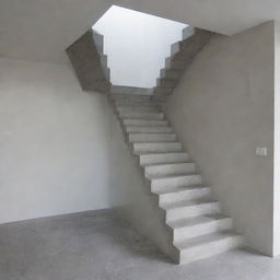 An L-shaped staircase with 14 steps, each 0.30 cm high, and 16 risers, each 0.17 cm high. Between the 7th and 8th steps, there's a landing measuring 1.24 meters by 1.24 meters. The finish of the staircase is smooth concrete.