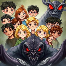 A fantasy book cover featuring a diverse group of 12 children, each with distinct characteristics