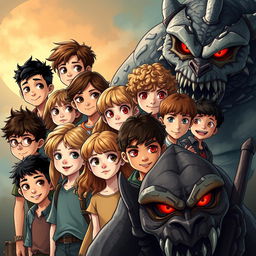 A fantasy book cover featuring a diverse group of 12 children, each with distinct characteristics