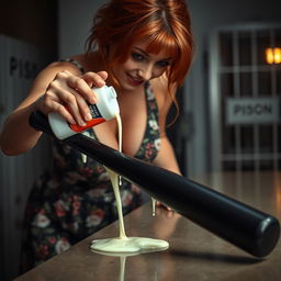 A close-up of a sexy redhead bending over a counter, wearing a floral sundress that highlights her cleavage