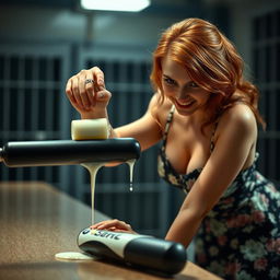 A close-up of a sexy redhead bending over a counter, wearing a floral sundress that highlights her cleavage