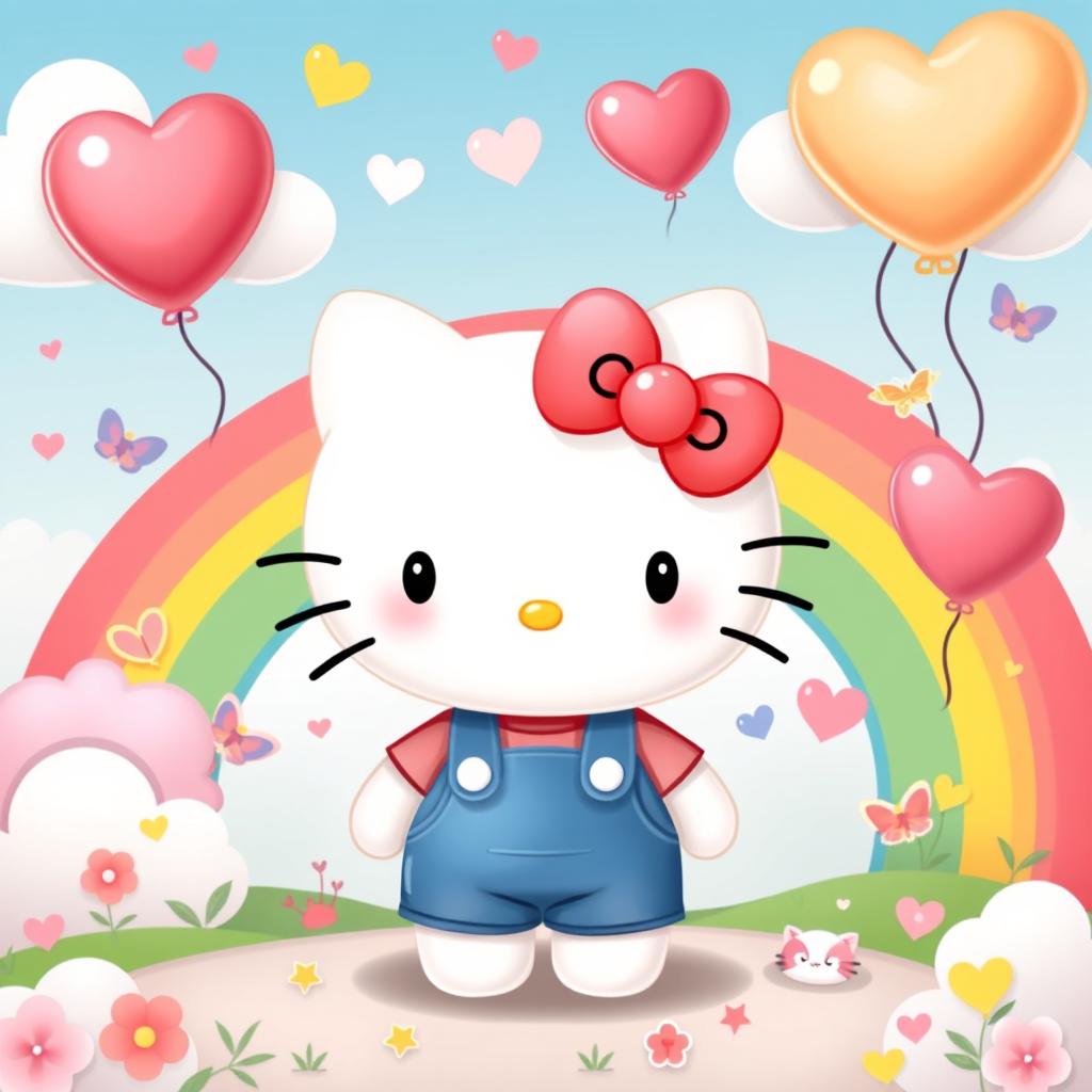 A cute and charming depiction of Hello Kitty, the iconic white anthropomorphic cat with a red bow on her left ear and no mouth