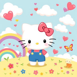 A cute and charming depiction of Hello Kitty, the iconic white anthropomorphic cat with a red bow on her left ear and no mouth