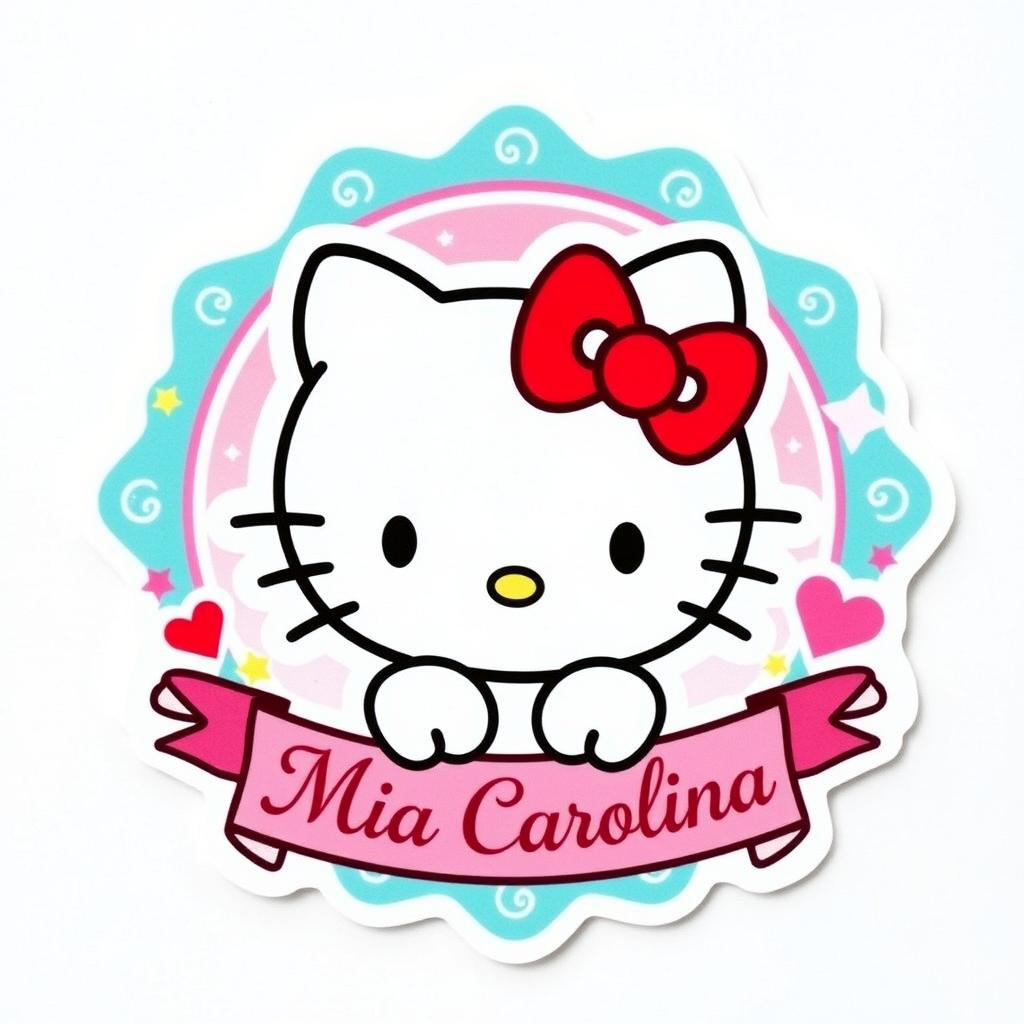 A colorful and playful school sticker featuring Hello Kitty, the iconic white cat with a red bow, styled in her classic look