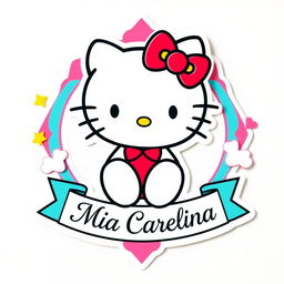 A colorful and playful school sticker featuring Hello Kitty, the iconic white cat with a red bow, styled in her classic look