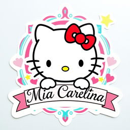 A colorful and playful school sticker featuring Hello Kitty, the iconic white cat with a red bow, styled in her classic look