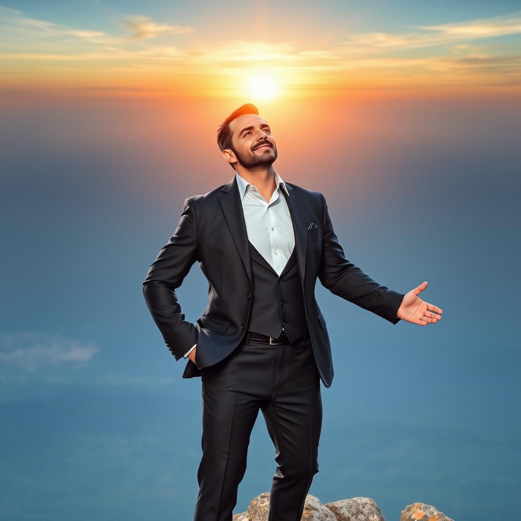 A powerful portrait of a confident leader standing atop a mountain peak, gazing towards the horizon with determination